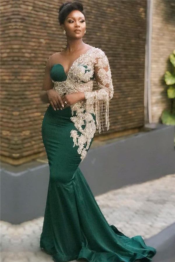 Modern Dark Green Scoop Mermaid Appliques Prom Dress with Beadings