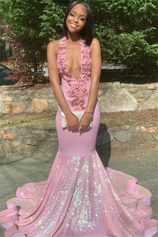 Pink V-Neck Sequins Sleeveless Flower Backless Prom Dress