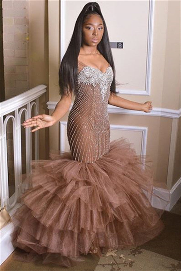 Fashion Brown Tulle Beadings Tiered Straps Prom Dress