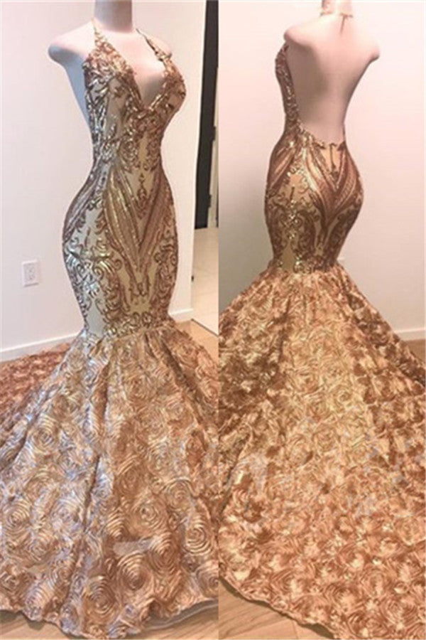 Gold Halter Backless Mermaid Sequins Flowers Prom Dress