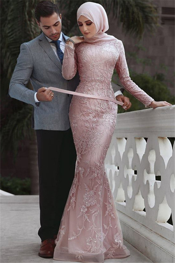 Elegant Pink Long Sleeves Lace Mermaid Prom Dress with Detachable Overskirt