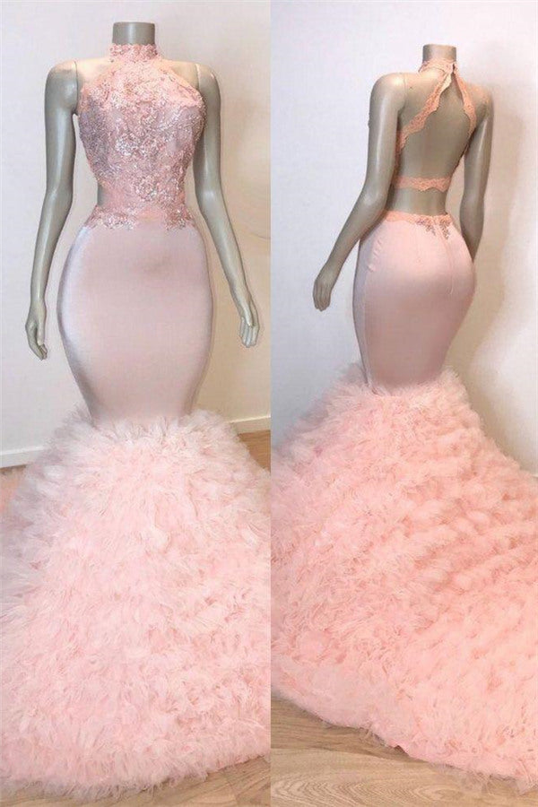 Blushing Pink Halter High Neck Open Back Mermaid Ruffles Prom Dress