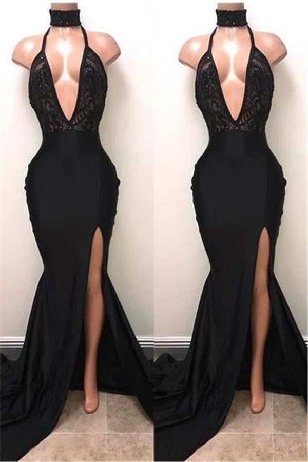 Sexy Black Deep V-Neck Lace Side Slit Sequined Bespoke Prom Dress