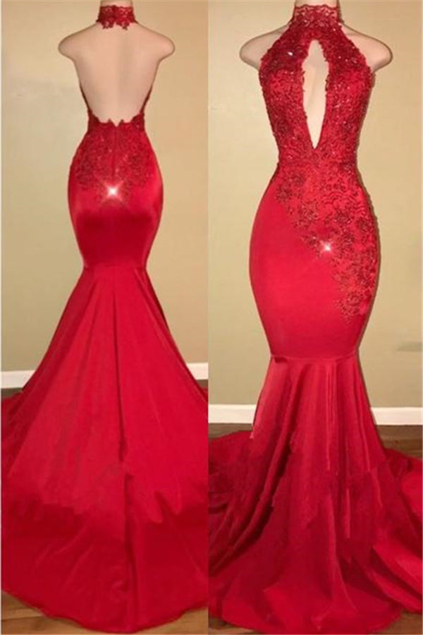 Bling Red High Neck Appliques Sequined Mermaid Prom Dress with Keyhole