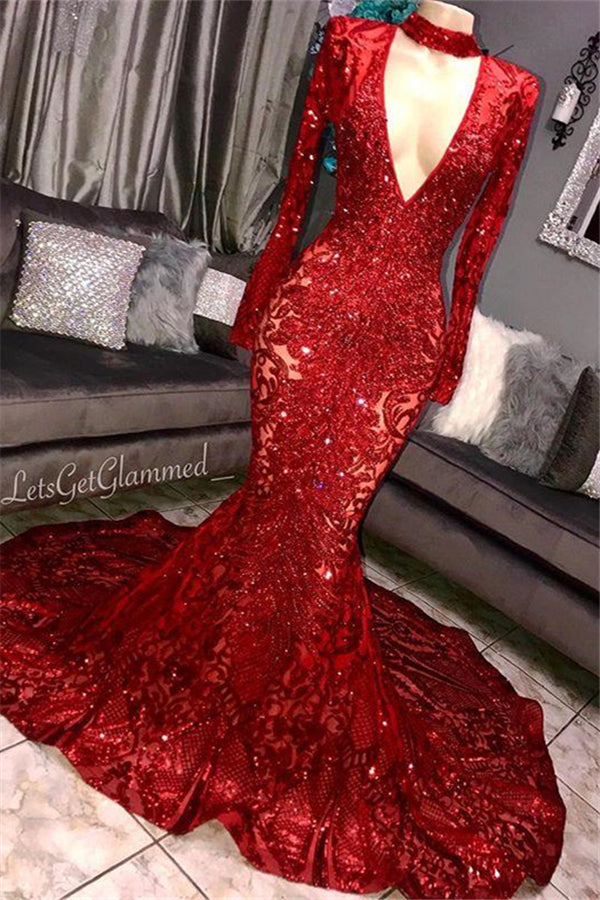 Elegant Red V-Neck Long Sleeves Appliques Sequined Prom Dress