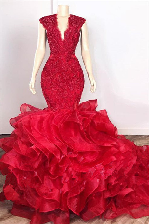 Glamorous V-Neck Sleeveless Tiered Appliques Prom Dress with Beads