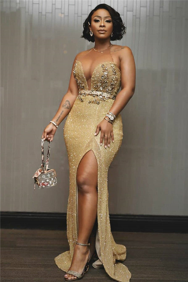 Gold Sequins Sheath Crystal Halter Side Slit Prom Dress