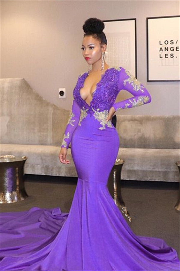 Purple Deep V-Neck Long Sleeves Appliques Mermaid Prom Dress