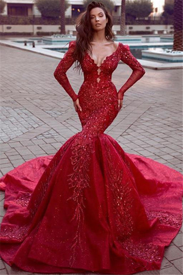 Sexy Deep V-Neck Red Long Sleeves Appliques Beads Evening Dress