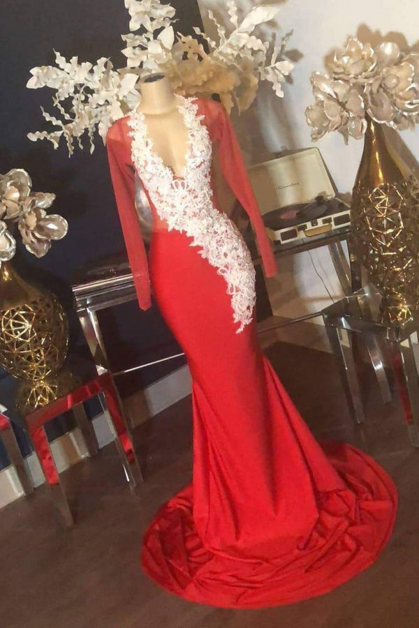 Sexy Red V-Neck Long Sleeves Appliques Mermaid Prom Dress