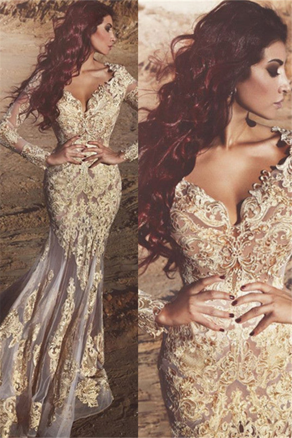 Stylish Gold Champagne Long Sleeves V-neck Appliques Prom Dress