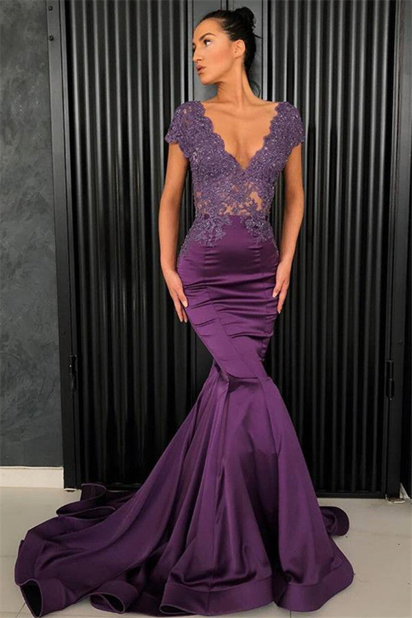 Newest Purple V-Neck Short Sleeves Lace Appliques Sequins Evening Dress