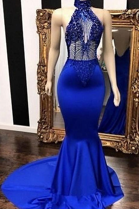 Royal Blue High Neck Crystal Mermaid Sleeveless Prom Dress