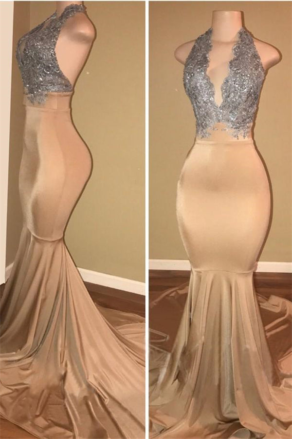 Modern Champagne Appliques Mermaid Halter Backless Prom Dress