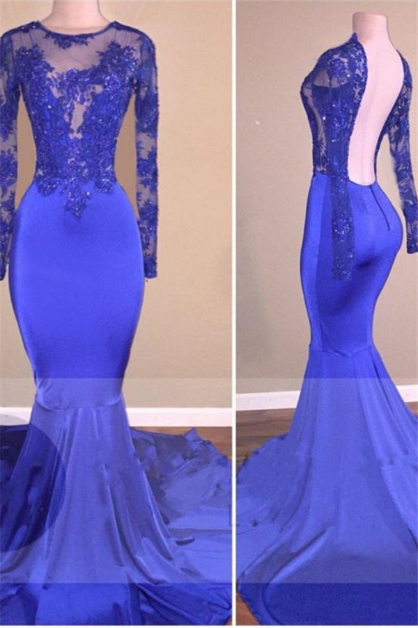 Newest Royal Blue Long Sleeves Backless Mermaid Appliques Prom Dress