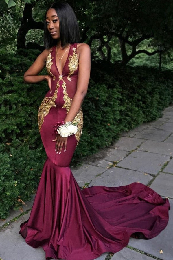 Burgundy V-Neck Sleeveless Appliques Fashion Prom Dress