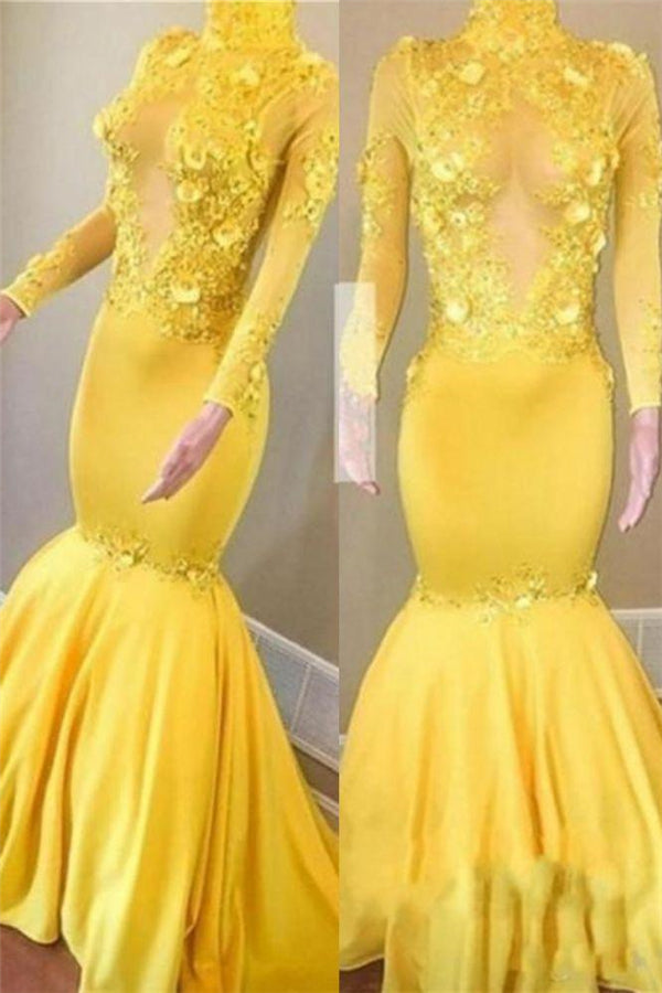 Hot Yellow High Neck Long Sleeves Mermaid Appliques Sexy Prom Dress