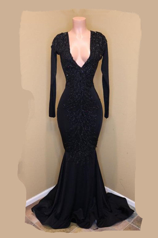 Sexy Black Mermaid V-Neck Long Sleeves Appliques Sequins Prom Dress