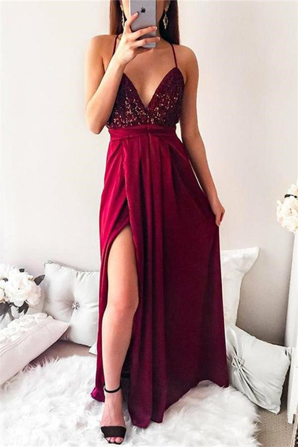 Red A-Line Spaghetti Straps Sequins Chiffon Side Slit Evening Dress