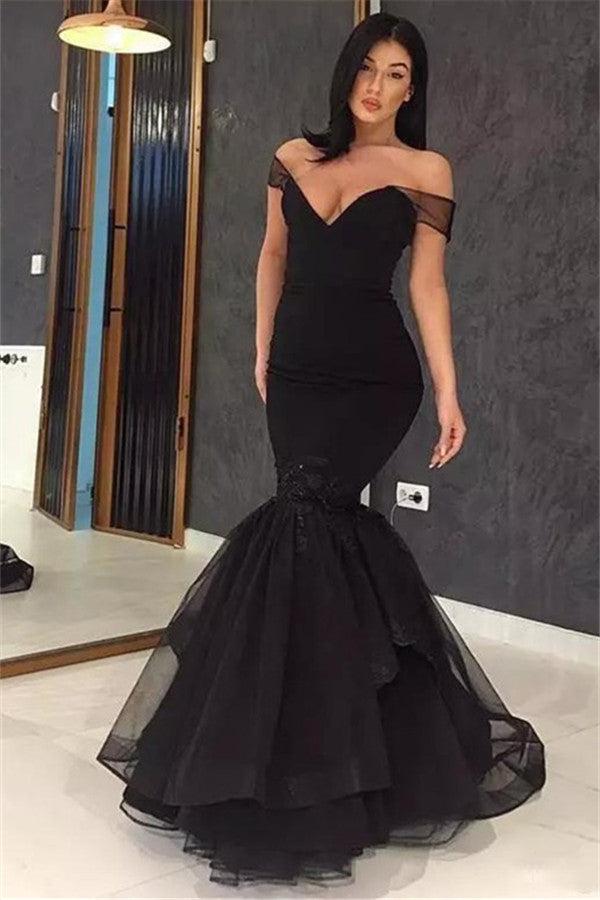 Black Tulle Off Shoulder Mermaid Floor Length Sexy Evening Dress