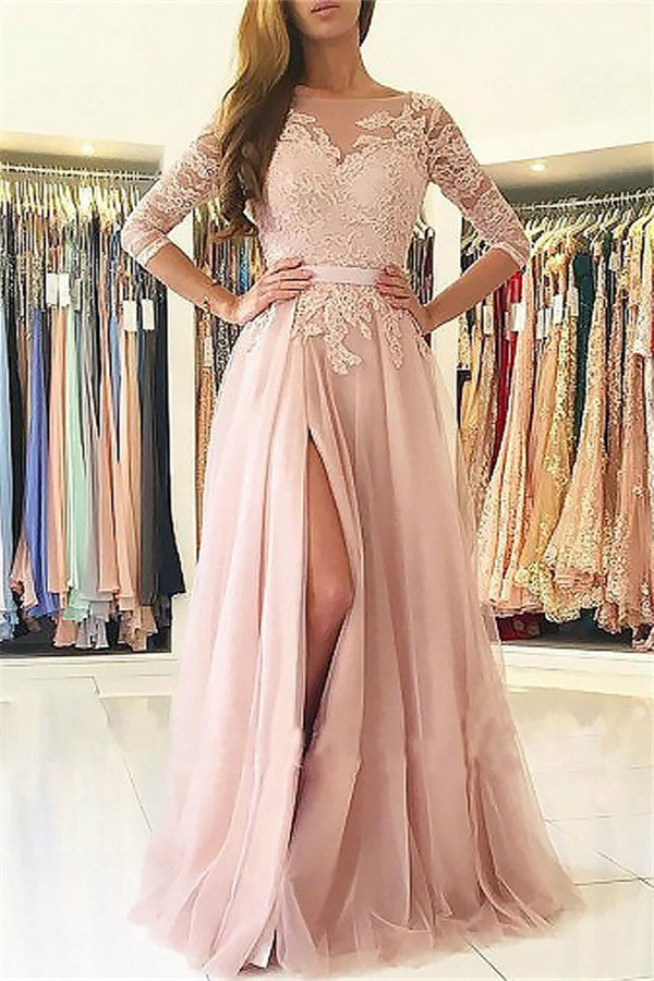 Blushing Pink 2/3 Sleeves Appliques Tulle Side Slit Evening Dress