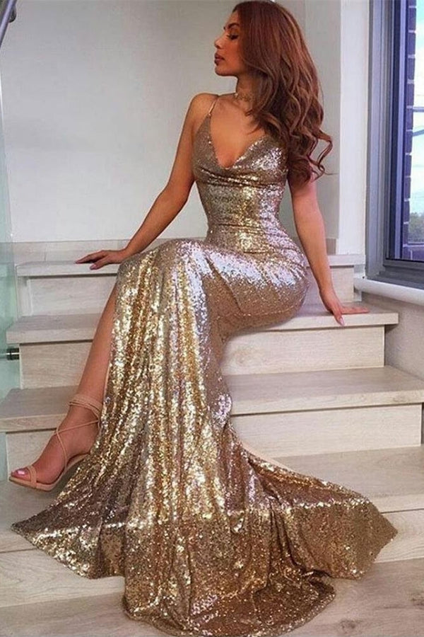 Champagne Sequins Spaghetti Straps Side Slit Prom Dress