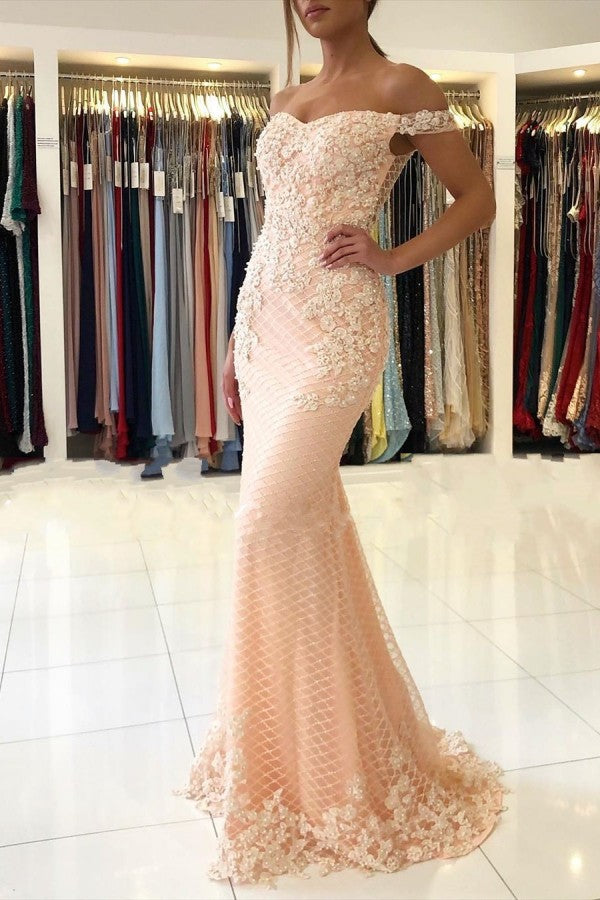 Blushing Pink Off Shoulder Lace Appliques Mermaid Evening Dress with Beads