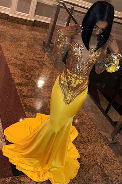 Hot Yellow Sequins Off Shoulder Mermaid Prom Dress