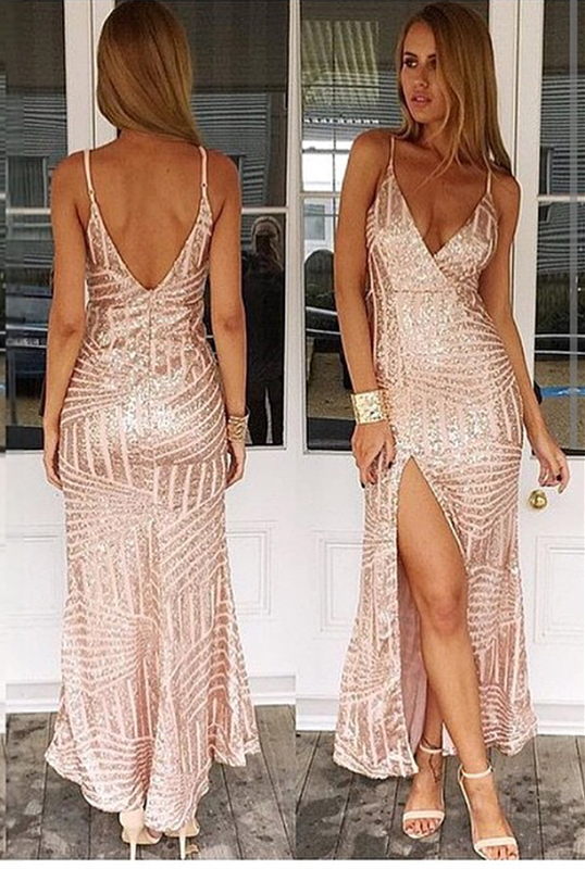 New Arrival Sequins Spaghetti Straps Side Slit Prom Dress