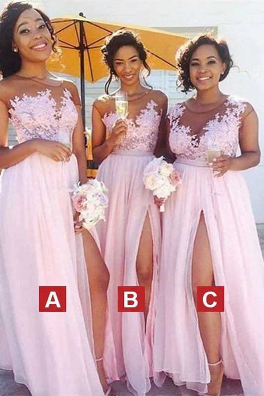 Candy Pink Chiffon Sleeveless Appliques Side Slit Bridesmaid Dresses