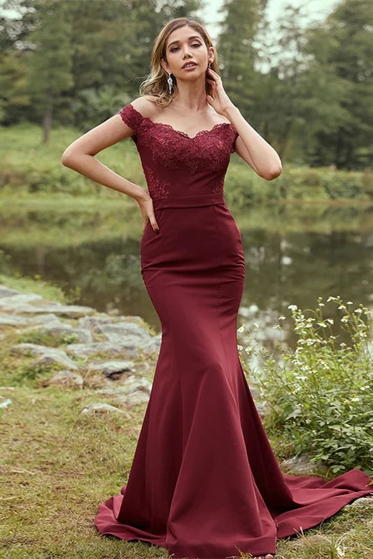 Trendy Burgundy Off Shoulder Mermaid Appliques Bridesmaid Dress with Buttons