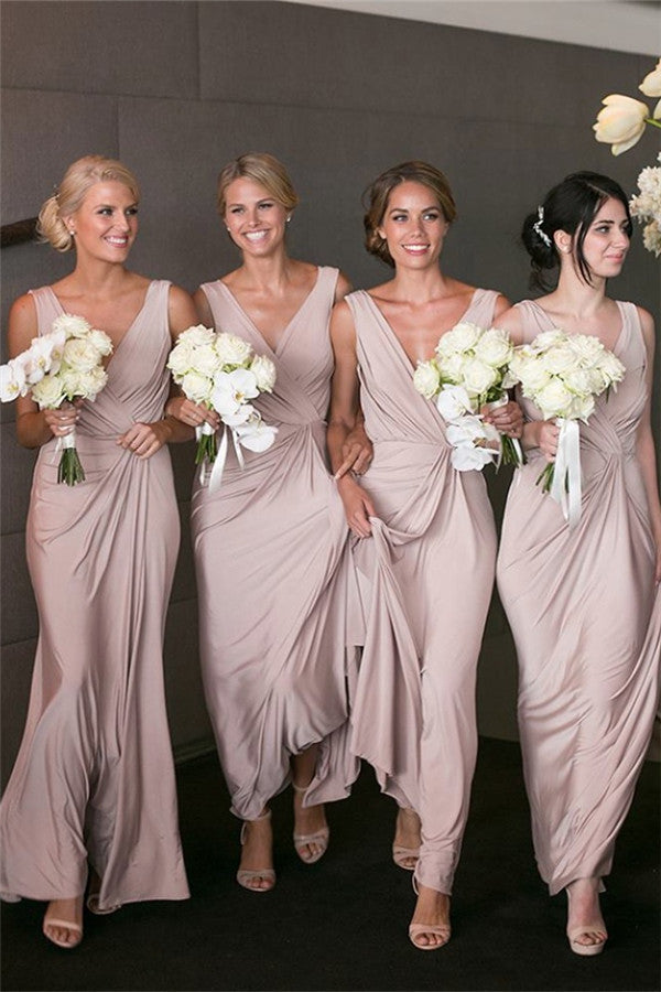 Dusty Pink V-Neck Sleeveless Ruffles Sheath Bridesmaid Dresses