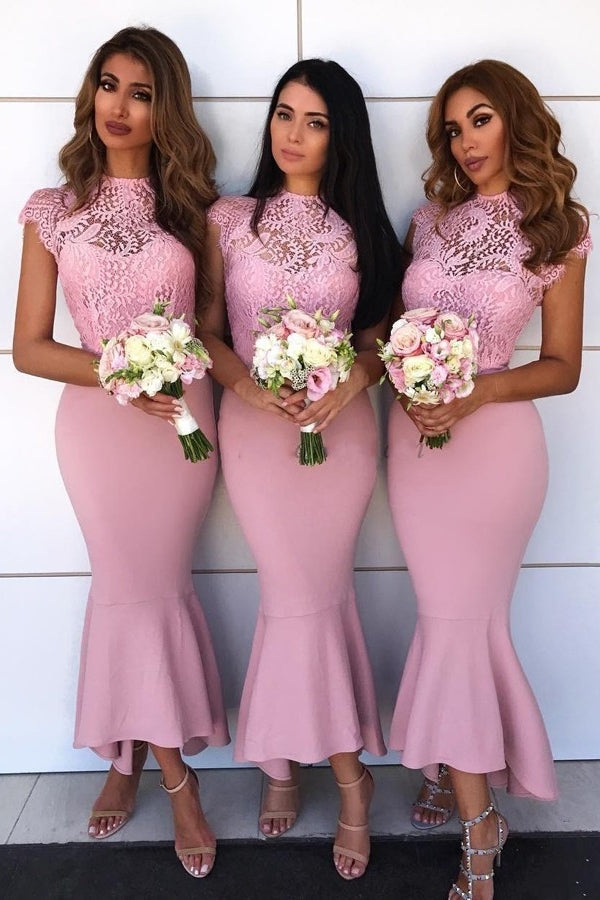 Candy Pink Cap Sleeves Jewel Lace Mermaid Bridesmaid Dress