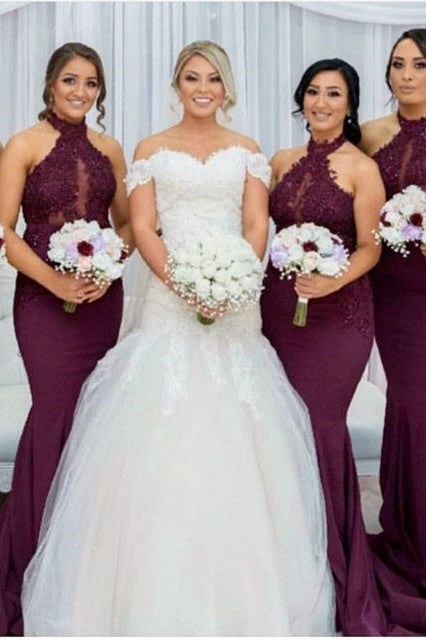 Burgundy Halter Lace Appliques Mermaid Bridesmaid Dresses