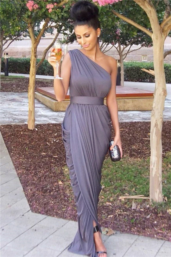 Elegant Gray One Shoulder Ruffles Sheath Bridesmaid Dress