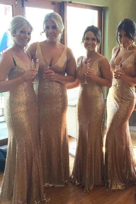 Gold Sequins V-Neck Sleeveless Sheath Bridesmaid Dress