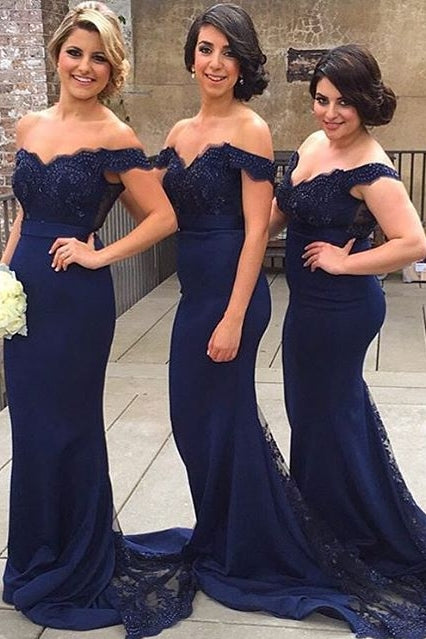 Navy Blue Off Shoulder Appliques Bridesmaid Dress with Beadings