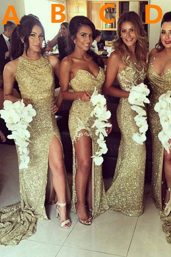 Modern Gold Sequins Side Slit Sheath Bridesmaid Dresses