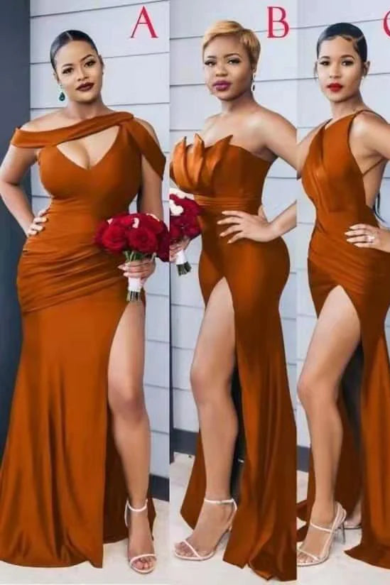 Elegant Orange Soft Satin Side Slit Floor Length Bridesmaid Dress