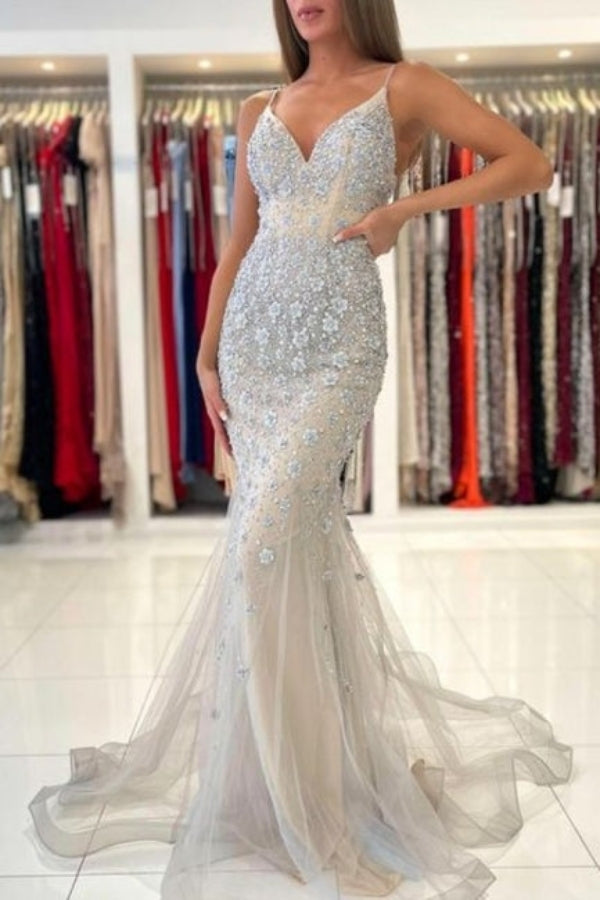 Elegant Gray Spaghetti Straps Mermaid Appliques Tulle Evening Dress