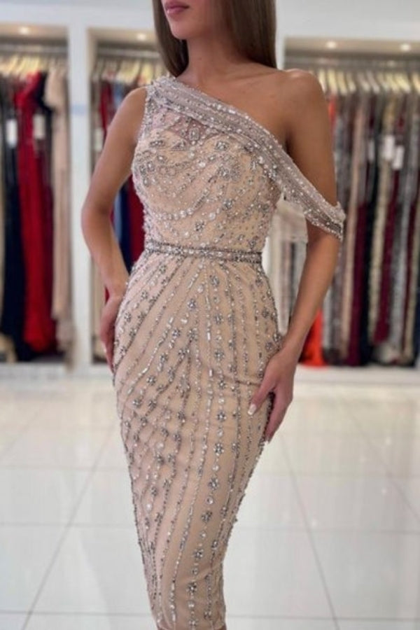 Modern One Shoulder Sheath Crystal Knee Length Short Party Dresses