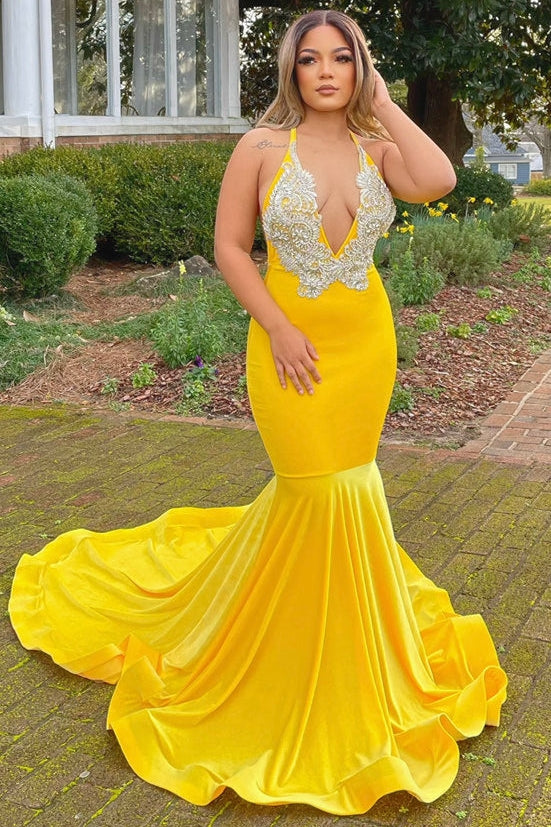 Fashion Yellow Halter Open Back Appliques Mermaid Prom Dress