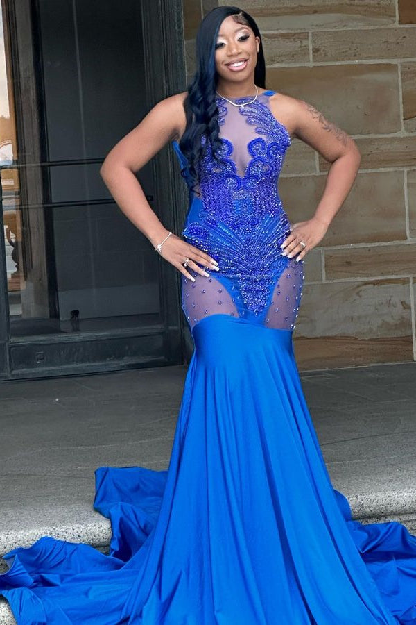 Gorgeous Royal Blue Jewel Crystal Mermaid Sleeveless Prom Dress