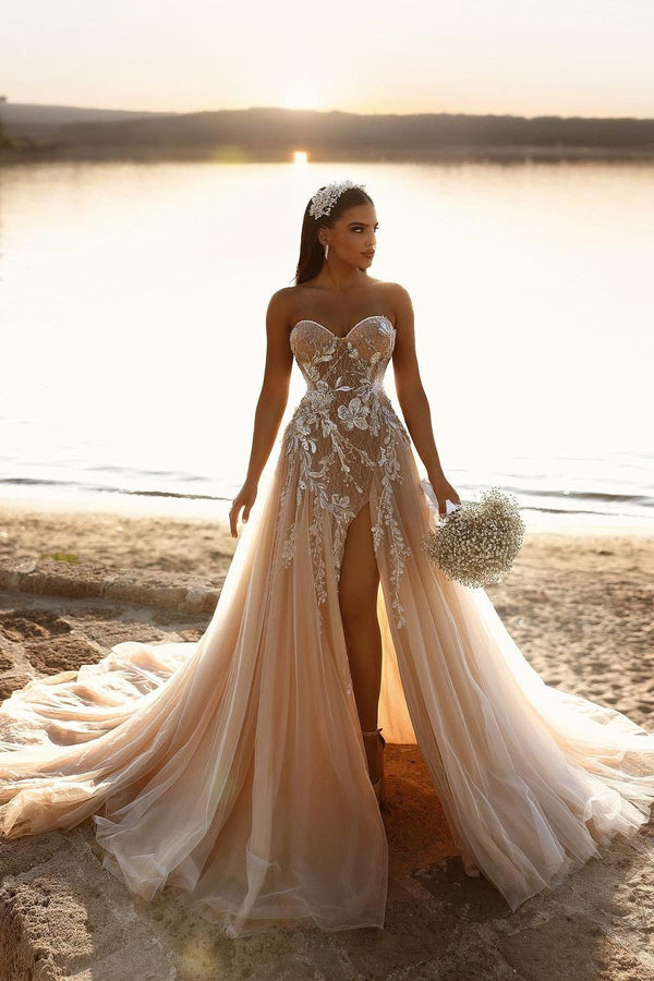 Sexy Open Back Side Slit Champagne Wedding Dress for Bride