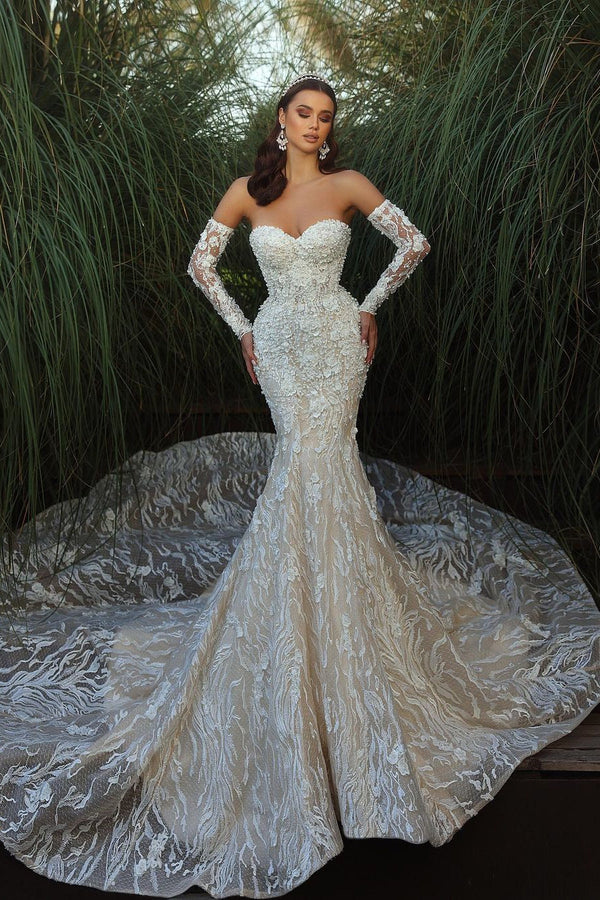 Sexy Sweetheart Mermaid Lace Bridal Wedding Dress with Sleeves