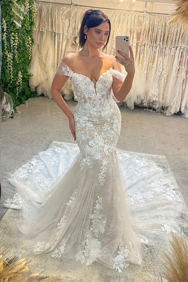 Open Back Off The Shoulder Mermaid LAce Appliques Sexy Wedding Dress