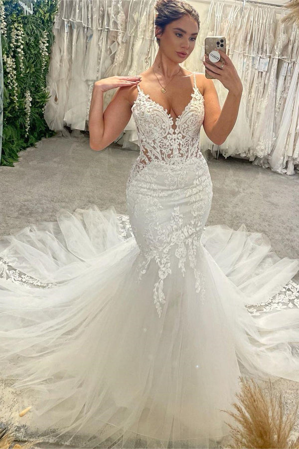 Sleeveless Spaghetti Straps Backless Mermaid Lace Wedding Dress