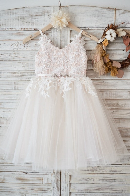 Lovely Ivory Spaghetti Straps Appliques Tulle Flower Girl Dresses