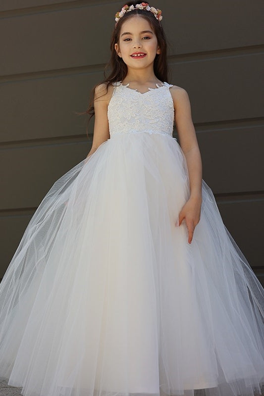 Fashion White V-Neck Open Back Tulle Flower Girl Dresses