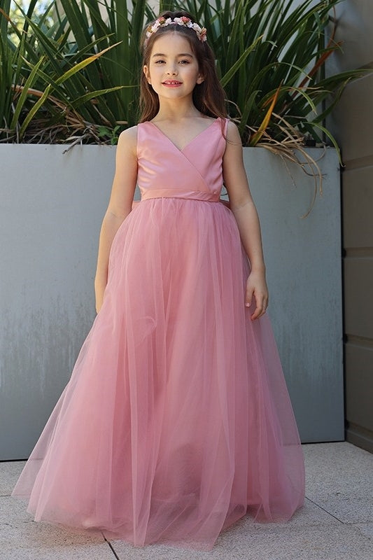 Lovely Pink V-Neck Sleeveless Flower Girl Dresses with Bowknot